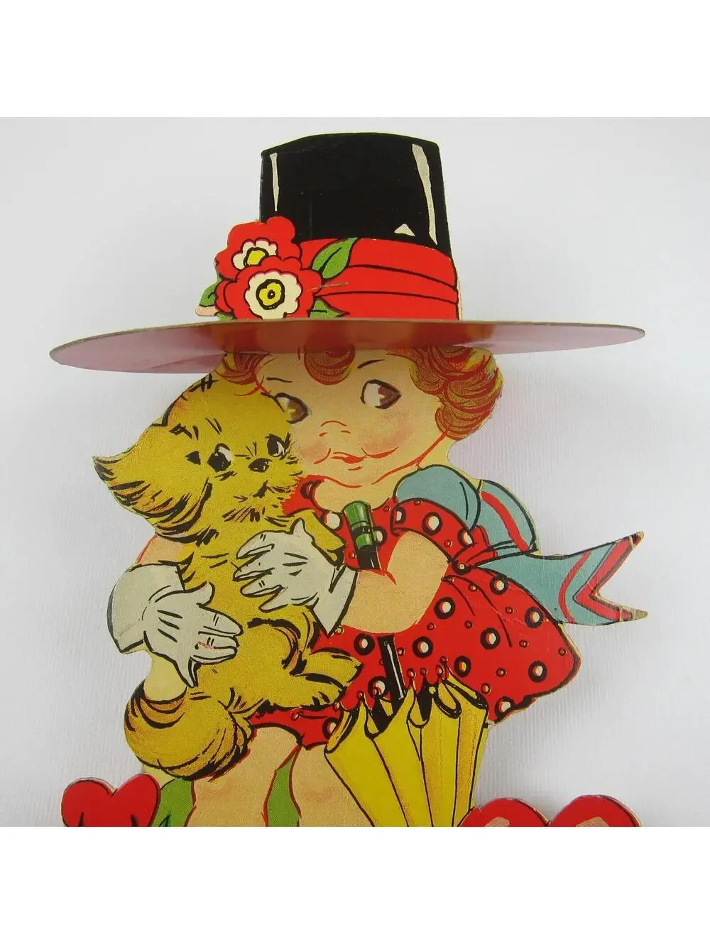 Antique Valentine Card Girl 3D Hat Havanese Puppy Dog LARGE Die Cut Stand Up